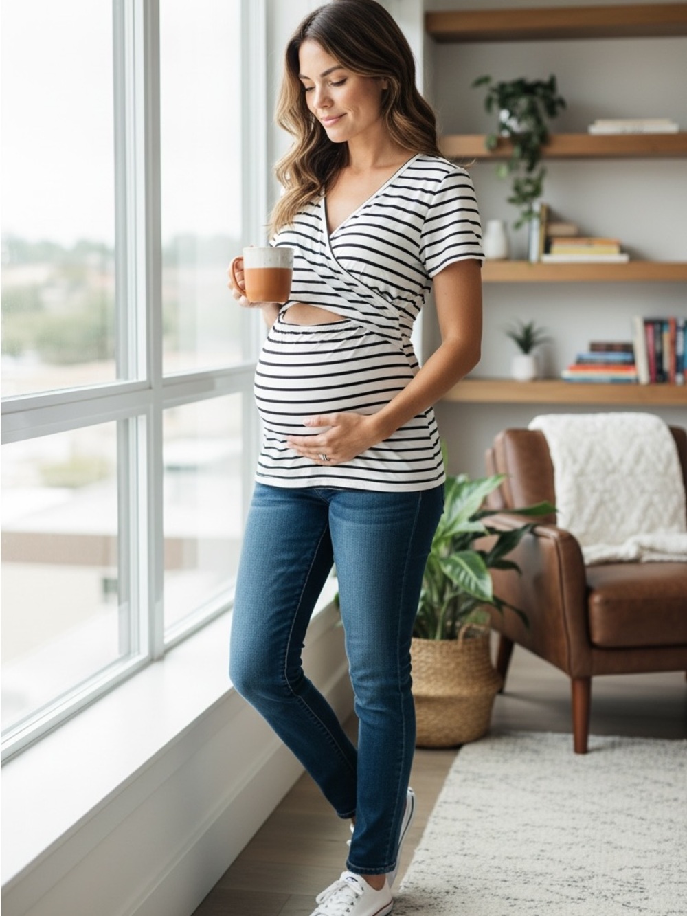 Amazon Black & White Striped Maternity Nursing Wrap Top small
